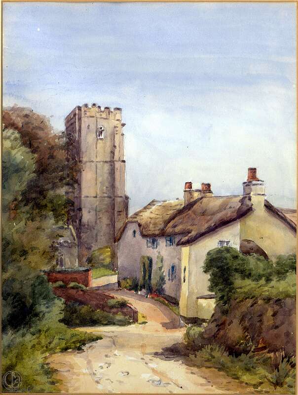 19760000 1928c CHURCH & COTTAGES BLANCHE LONG (née Davys) Woodbury Church Devon Watercolour from Wildred Long's estate-Edit