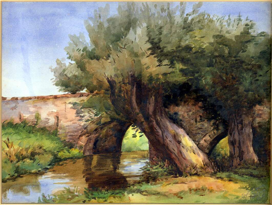 19760000 1928c WILLOWS & BRIDGE BLANCHE LONG (née Davys) Watercolour from Wildred Long's estate-Edit