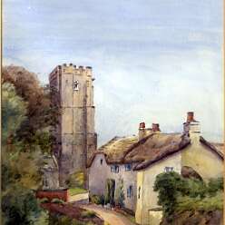 19760000 1928c CHURCH & COTTAGES BLANCHE LONG (née Davys) Woodbury Church Devon Watercolour from Wildred Long's estate-Edit