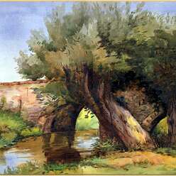 19760000 1928c WILLOWS & BRIDGE BLANCHE LONG (née Davys) Watercolour from Wildred Long's estate-Edit
