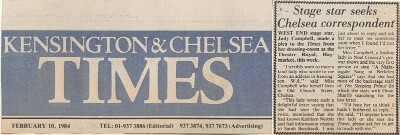 19840210 ACTRESS JUDY CAMPBELL KENSINGTON & CHELSEA TIMES KCT